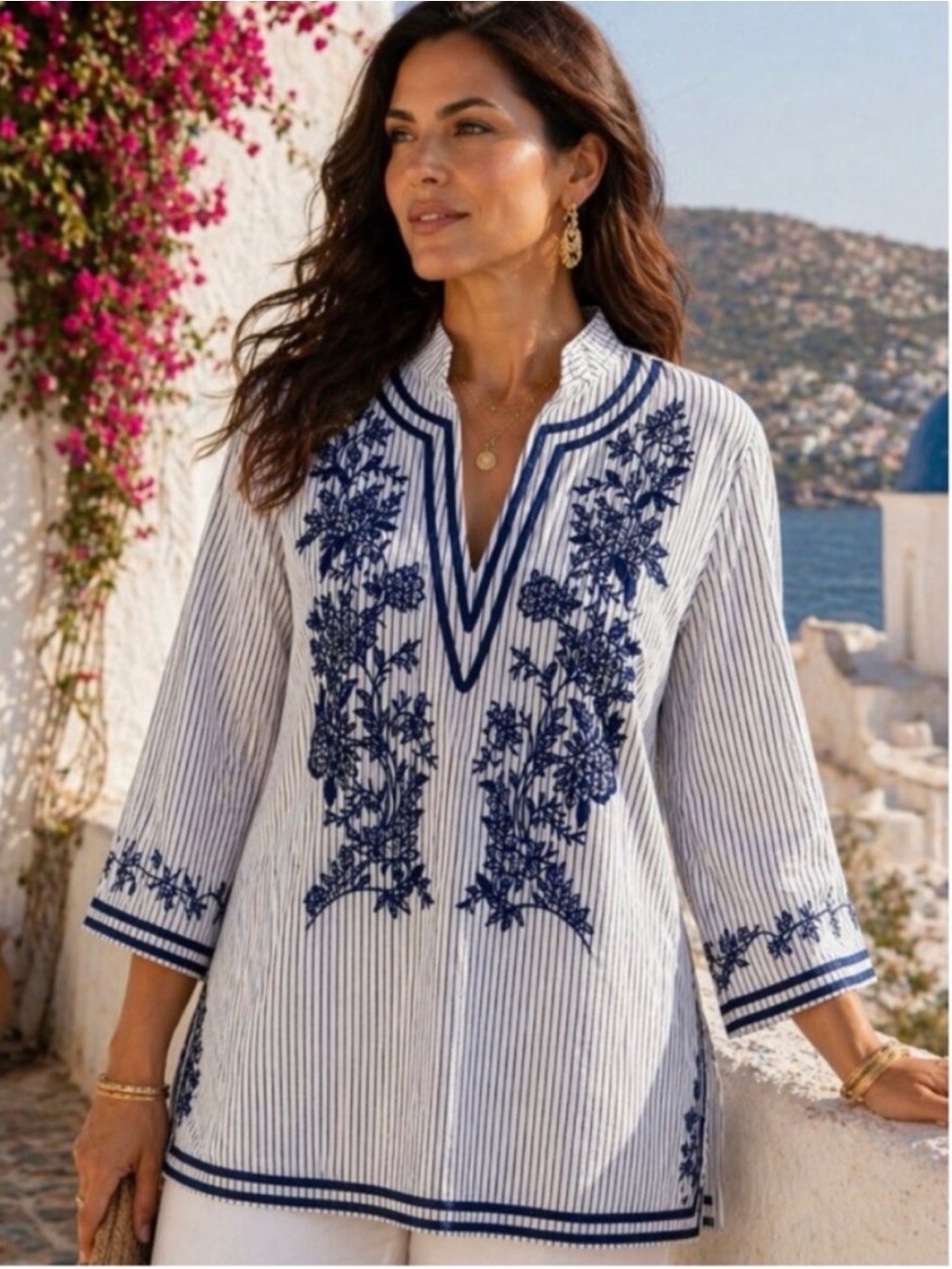 Chico's Navy & White Embroidered Poplin Striped Tunic